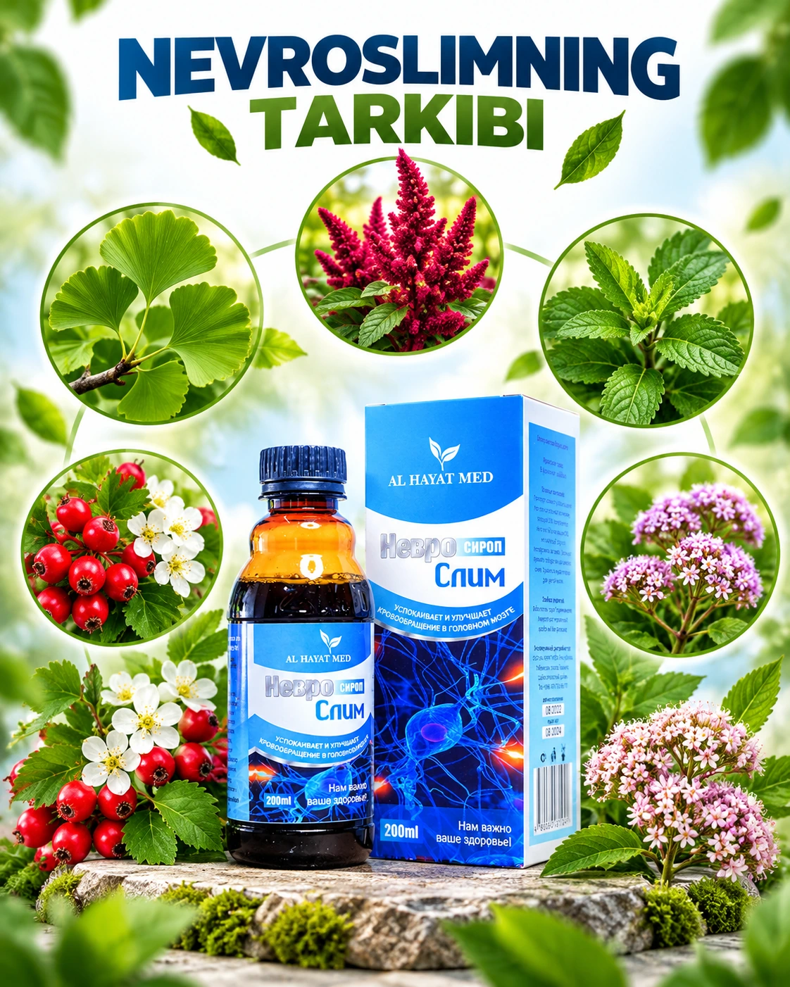 Неврослимнинг таркиби: гинкго билоба, амарант, ялпиз, дўлана, валериана